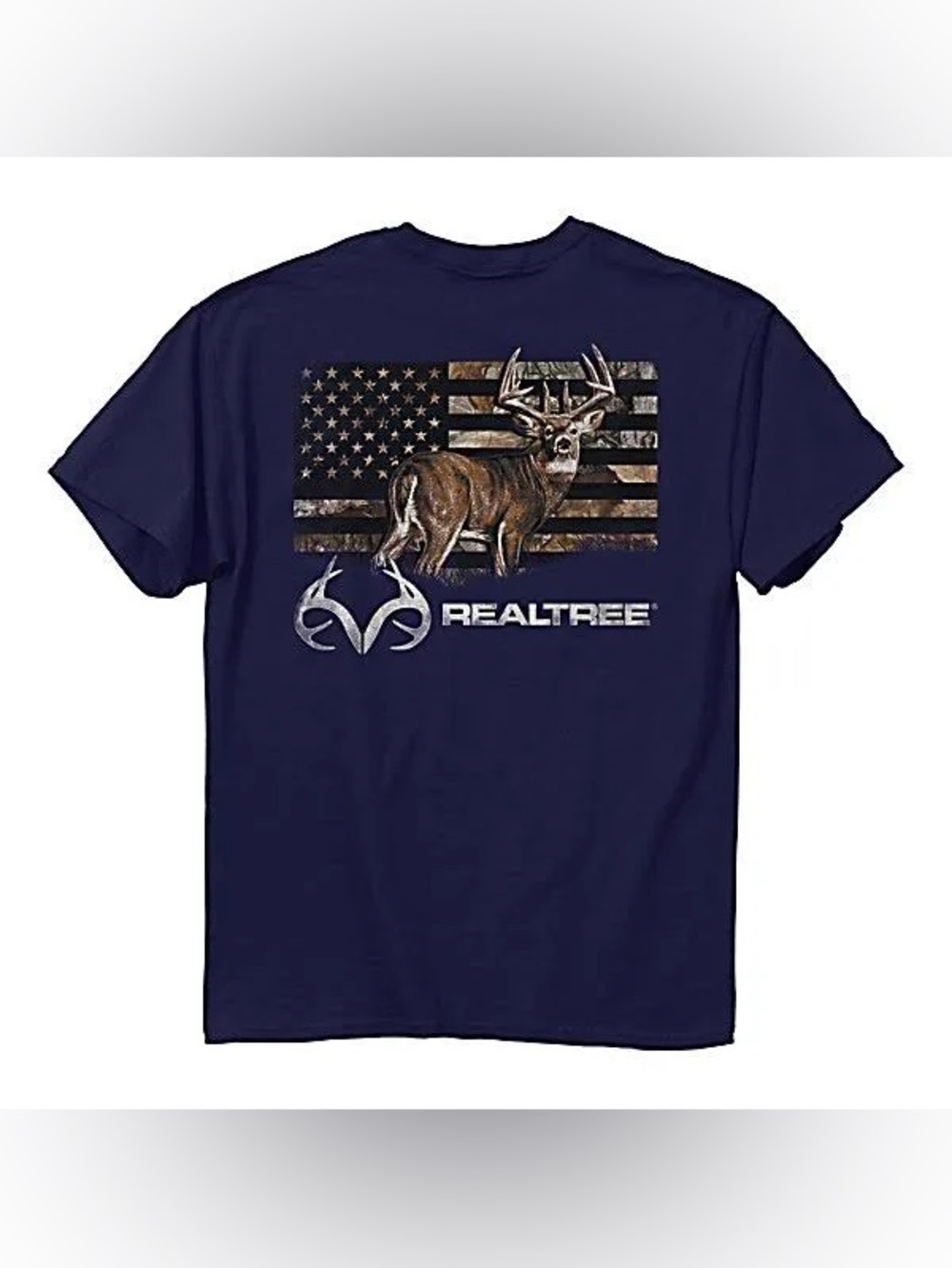 Realtree Men's Flag Deer Navy Blue T-Shirt EUC